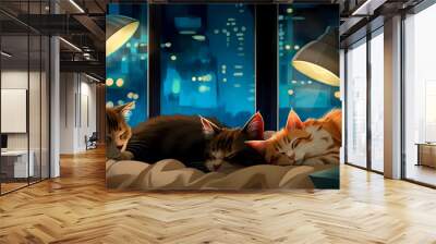 Cats sleeping sweetly on a bed under the light of a lamp, in front of an open window with the blue lights of the city outside. The concept is peaceful. Wall mural