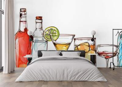 Color Illustration of bottles and glasses of alcoholic beverages on white background, space for text. Concept of alcohol. Wall mural