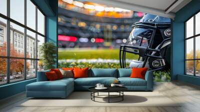 Helmeted American soccer player on a field with a stadium in the background. Wall mural