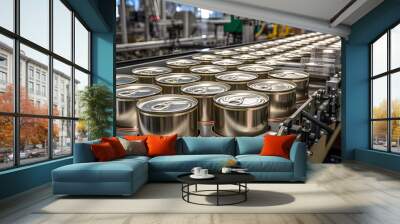 Production of canning jars in large quantities in a factory. Canned goods on the conveyor Wall mural