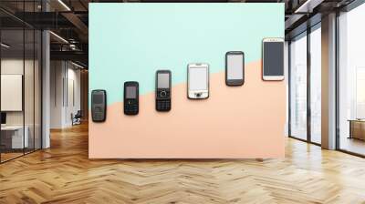 evolution of cell phones. technology development telephone and pda concept. vintage and new phones.  Wall mural