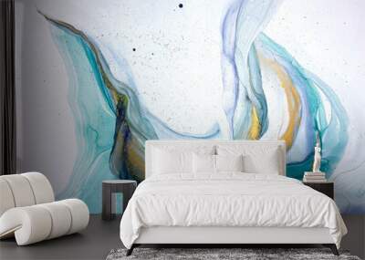 Abstract blue with green background. Beautiful pleats and stains made with alcohol ink and gold pigment. Turquoise and aqua colored fragment with fluid texture resembles watercolor or aquarelle. Wall mural