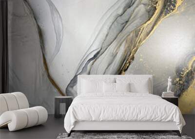 Abstract grey art with gold — black and whited background with beautiful smudges and stains made with alcohol ink and golden pigment. Gray fluid art texture resembles marble, watercolor or aquarelle. Wall mural