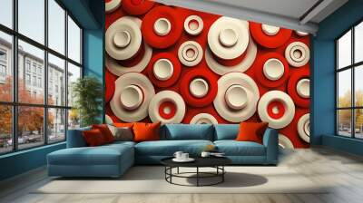 A background of geometric patterns, repetitive circular shapes, seamless and flowing design, vibrant colors of red and white, smooth lines, hd quality, natural look. --ar 16:9 --v 6. Wall mural