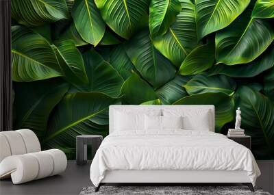 A background of tropical leaves texture, intricate patterns of overlapping heliconia leaves, vibrant green hues, dense and tropical feel, hd quality, natural look. --ar 16:9 --v 6. Wall mural