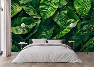 A background of tropical leaves texture, intricate patterns of overlapping heliconia leaves, vibrant green hues, dense and tropical feel, hd quality, natural look. --ar 16:9 --v 6. Wall mural