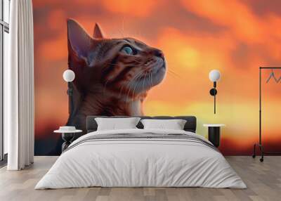 A Bengal Cat against an abstract sunset background, warm oranges and pinks blending into the horizon, evoking a majestic and serene feel, hd quality, natural look. --ar 16:9 --v 6. Wall mural