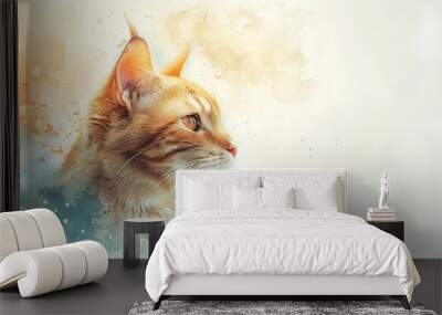 A Bengal Cat in an abstract watercolor background, soft pastels and fluid shapes, creating a dreamy and playful ambiance, hd quality, natural look. --ar 16:9 --v 6.0 --s 250 --style raw Wall mural