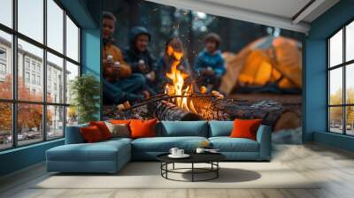 A close-up of a family roasting marshmallows over a campfire, focus on the marshmallows and fire, children smiling and parents chatting, tents and forest in the background, warm and joyful ambiance, Wall mural