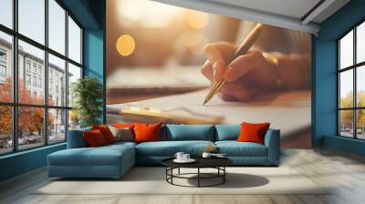 A close-up of a hand signing an employment contract, elegant pen with gold accents, contemporary office setting, laptop and notepad on the table, contract text partially visible, ambient lighting, Wall mural