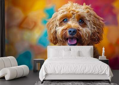 A Cockapoo with an abstract geometric background, sharp lines and bold colors, creating a dynamic and modern composition, hd quality, natural look. --ar 16:9 --v 6.0 --s 250 --style raw Wall mural