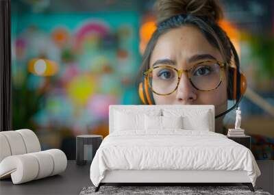 A concerned customer service representative, with a headset and a worried look, answering a call in a colorful, vibrant office. The background includes motivational posters and lively decor, Wall mural