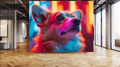 A Corgi with an abstract neon background, vibrant lights and glowing patterns, creating a futuristic and energetic scene, hd quality, natural look. --ar 16:9 --v 6.0 --s 250 --style raw Wall mural