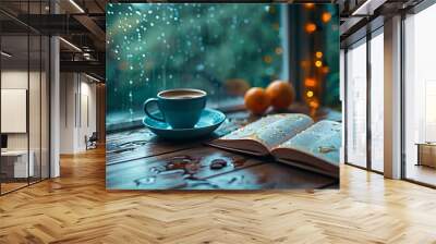 A cozy setup of a coffee cup and an open book on a wooden table, rain softly pattering against the window, creating a serene and reflective atmosphere, natural lighting, soft focus.  --ar 16:9 --v 6.0 Wall mural