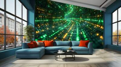 A cybernetic vision of a labyrinth of coded messages and encrypted keys, with glowing green and blue codes, interwoven with mechanical components, set against a dark, industrial background. Wall mural