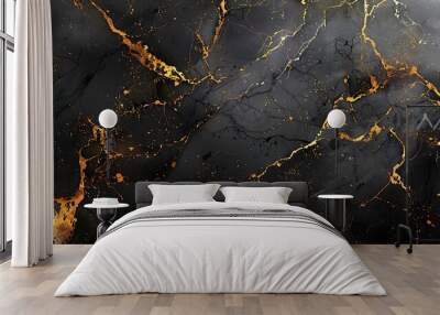 A detailed illustration of marble with shades of black and gold, showcasing bold veining patterns on a glossy surface. Luxurious, high contrast, hd quality, refined and modern look. --ar 16:9 --v 6. Wall mural