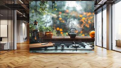 A detailed scene of a rustic farmhouse kitchen during a rainy day, with raindrops visible on the window and a steaming kettle on the stove. Wall mural