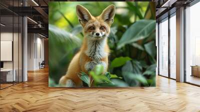 A Fennec Fox with an abstract jungle background, lush greens and vibrant tropical patterns, evoking a sense of exotic wonder, hd quality, natural look. --ar 16:9 --v 6.0 --s 250 --style raw Wall mural