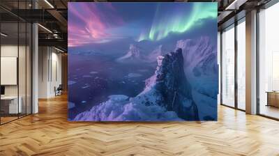 A frozen world with vast glaciers, frosty lakes, and colorful auroras illuminating the sky, seen from a high cliff, showcasing the ethereal and serene beauty of this icy landscape. --ar 16:9 --v 6. Wall mural