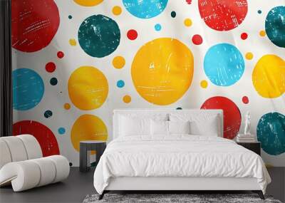 A fun retro pattern featuring bright polka dots in vibrant colors like red, blue, yellow, and green on a white background. High contrast, playful and nostalgic, hd quality, cheerful and energetic. Wall mural