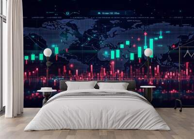 A futuristic cryptocurrency trading interface with holographic green and red candlestick chart, layered over a digital world map, network lines illuminating international financial hubs, Wall mural