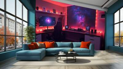 A galaxy-inspired gaming room, with walls decorated in vibrant cosmic murals, a sleek black desk with modern gaming equipment, and ambient lighting that mimics the colors of deep space, Wall mural