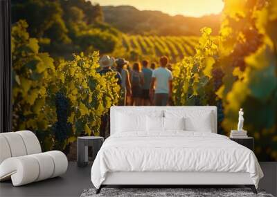 A group of visitors being guided through a picturesque vineyard during a winery tour, the guide explaining the winemaking process, with rows of lush grapevines in the background, Wall mural