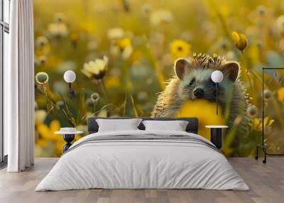 A Hedgehog in an abstract meadow background, soft greens and wildflowers, capturing the tranquility of a peaceful field, hd quality, natural look. --ar 16:9 --v 6.0 --s 250 --style raw Wall mural