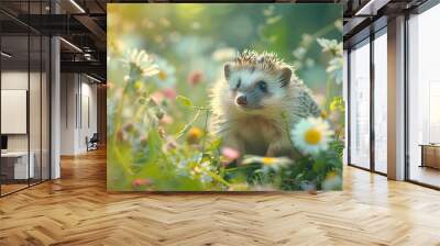 A Hedgehog in an abstract meadow background, soft greens and wildflowers, capturing the tranquility of a peaceful field, hd quality, natural look. --ar 16:9 --v 6.0 --s 250 --style raw Wall mural