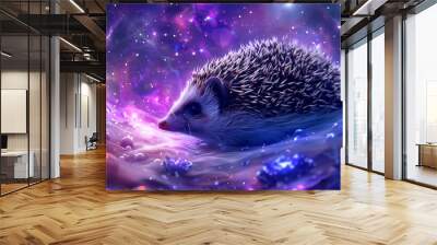 A Hedgehog with an abstract cosmic background, swirling galaxies and stars in purples and blues, creating a magical and otherworldly vibe, hd quality, natural look. --ar 16:9 --v 6. Wall mural