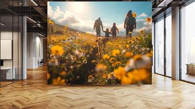 A lively family walk in the countryside, with parents, children, and their dog enjoying a scenic route, wildflowers dotting the path, the sun shining brightly, and everyone smiling and relaxed. Wall mural