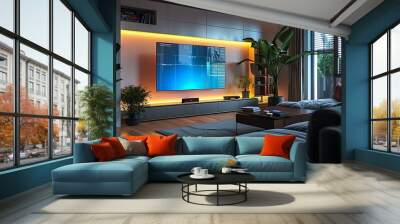 A modern living room with smart home integration, featuring a sleek design, smart light strips, a smart thermostat, app-controlled blinds, and a large flat-screen TV, in a bright, daylight setting. Wall mural