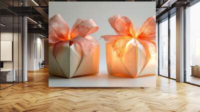 A pair of origami gift boxes with decorative bows, positioned on a pristine white background, illuminated by gentle, warm light that enhances the crisp details and festive presentation. --ar 16:9 Wall mural