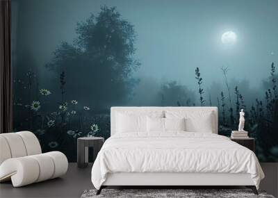 A panoramic view of a landscape dominated by dark inkwell floral silhouettes, emphasizing their minimalistic beauty and moody charm. Wall mural