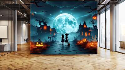 A paper-crafted scene of trick-or-treating children walking through a spooky neighborhood, with glowing lanterns, twisted paper trees, and creepy houses under a full moon, Wall mural