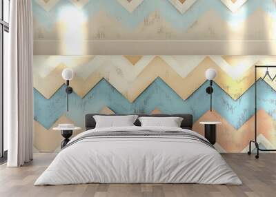 A pastel chevron design featuring zigzag lines in muted tones of peach, baby blue, and pale yellow, Wall mural