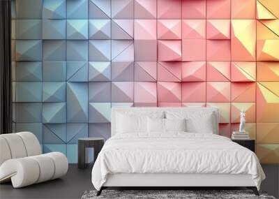 A pastel geometric pattern featuring a grid of interlocking triangles and squares in pale pink, light blue, and soft yellow, with gentle shading creating a smooth 3D effect --ar 16:9 --no logo --tile Wall mural