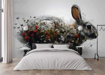 A rabbit in mid-hop, its form filled with the vibrant colors of wildflowers and fresh spring grass, all set on a clean white background in a double exposure style. Wall mural