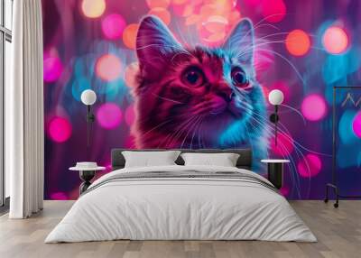 A Ragdoll Cat in an abstract neon background, vibrant lights and glowing patterns, creating a futuristic and energetic scene, hd quality, natural look. --ar 16:9 --v 6.0 --s 250 --style raw Wall mural