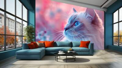 A Ragdoll Cat with an abstract pastel background, soft pinks, blues, and purples blending seamlessly, creating a dreamy and serene atmosphere, hd quality, natural look. --ar 16:9 --v 6. Wall mural