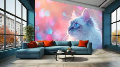 A Ragdoll Cat with an abstract pastel background, soft pinks, blues, and purples blending seamlessly, creating a dreamy and serene atmosphere, hd quality, natural look. --ar 16:9 --v 6. Wall mural