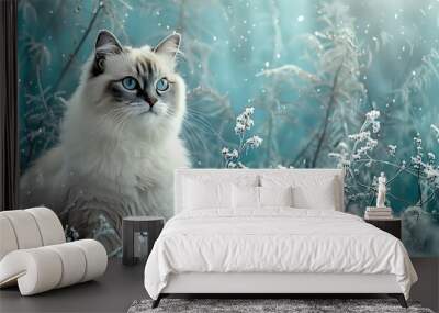 A Ragdoll Cat with an abstract snowy background, cool blues and white textures, creating a whimsical and wintery feel, hd quality, natural look. --ar 16:9 --v 6.0 --s 250 --style raw Wall mural