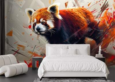 A Red Panda with an abstract geometric background, sharp lines and contrasting colors, creating a modern and dynamic composition, hd quality, natural look. --ar 16:9 --v 6.0 --s 250 --style raw Wall mural