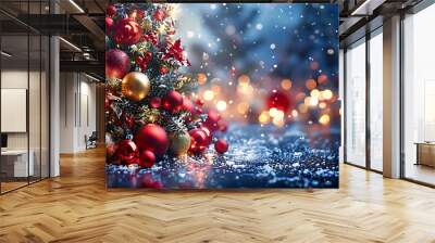 A regal Christmas tree featuring deep red and gold baubles, glowing softly in a room bathed in warm-toned lights. The setting is opulent and refined, Wall mural