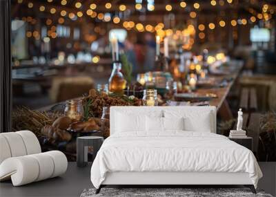 A rustic barn dinner party, long wooden table adorned with hearty meals and mason jars filled with drinks, hay bales used as seating, guests in casual attire enjoying the evening, Wall mural