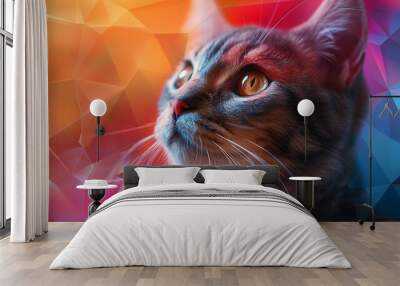 A Scottish Fold with an abstract geometric background, sharp lines and vibrant colors, creating a dynamic and modern composition, hd quality, natural look. --ar 16:9 --v 6.0 --s 250 --style raw Wall mural