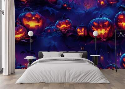 A seamless cartoon pattern featuring a variety of Jack-o'-Lantern faces with different expressions, from spooky to silly, glowing with a warm orange light, set against a deep purple background. Wall mural