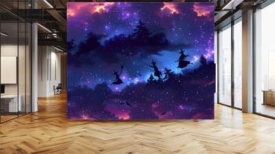 A seamless cartoon pattern featuring silhouettes of witches flying on broomsticks, surrounded by twinkling stars and wispy clouds, set against a deep purple night sky. --ar 16:9 --v 6.0 --tile Wall mural