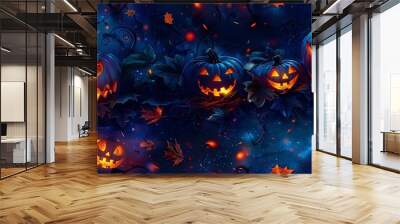 A seamless cartoon pattern of pumpkins with exaggerated expressions, nestled among curling vines and bright autumn leaves, with a dark, starry sky as the backdrop. --ar 16:9 --v 6.0 --tile Wall mural