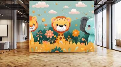 A seamless pattern of charming cartoon lions, giraffes, and elephants playing together in the golden savannah, surrounded by tall grass and distant mountains, warm and bright colors, soft sunlight, Wall mural